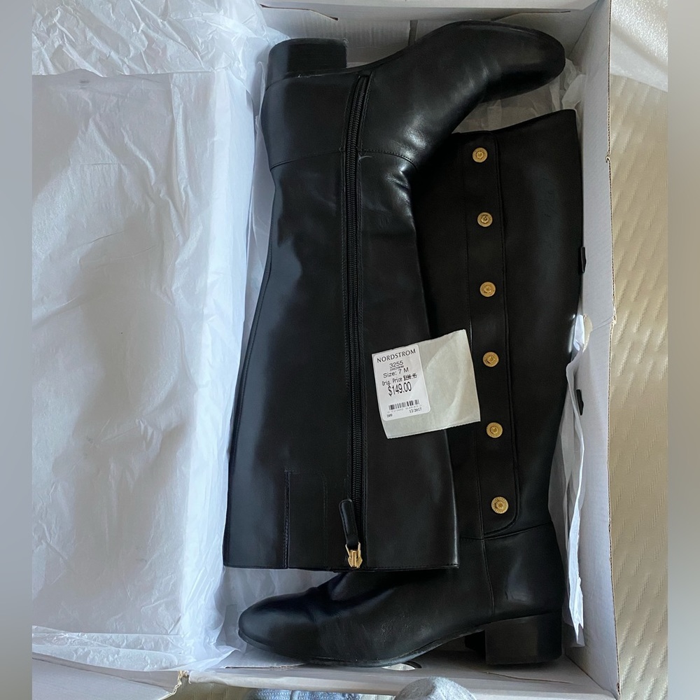 Nine West mid calf leather buckle boots women size 7 wide leg